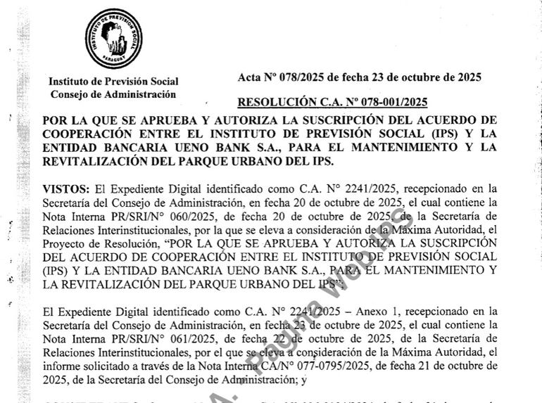 Por resolución interna, el IPS aprobó un acuerdo de cooperación con ueno bank para que la entidad bancaria realice la revitalización del Parque Urbano.