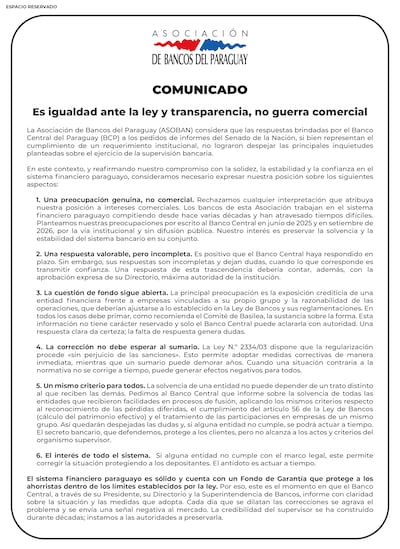 Es igualdad ante la ley transparencia, no guerra comercial. Espacio Reservado de ASOBAN.