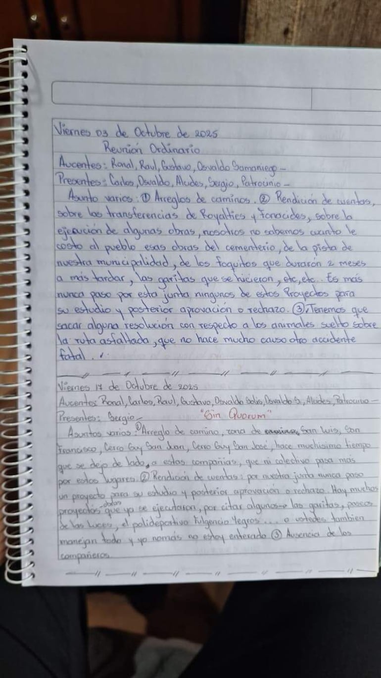 Según los registros, la última sesión de la Junta Municipal se realizó el 17 de octubre de 2025 y desde entonces no volvieron a reunirse.