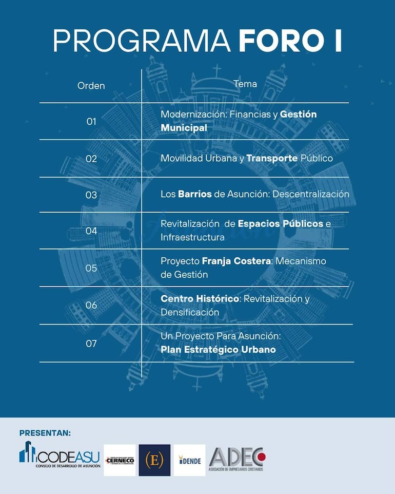 Cartel informativo del foro sobre modernización y gestión de Asunción, con texto en tipografía clara sobre desarrollo urbano.