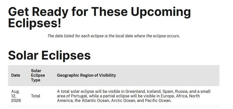 El eclipse solar total del 12 de agosto será visible en Groenlandia, Islandia, España, Rusia y una pequeña zona de Portugal, mientras que un eclipse parcial será visible en Europa, África, América del Norte, el Océano Atlántico, el Océano Ártico y el Océano Pacífico, según la NASA.