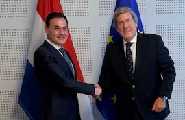Ramírez Lezcano y Mato intercambian un apretón de manos, ambos vestidos con trajes oscuros, en un entorno formal con banderas.