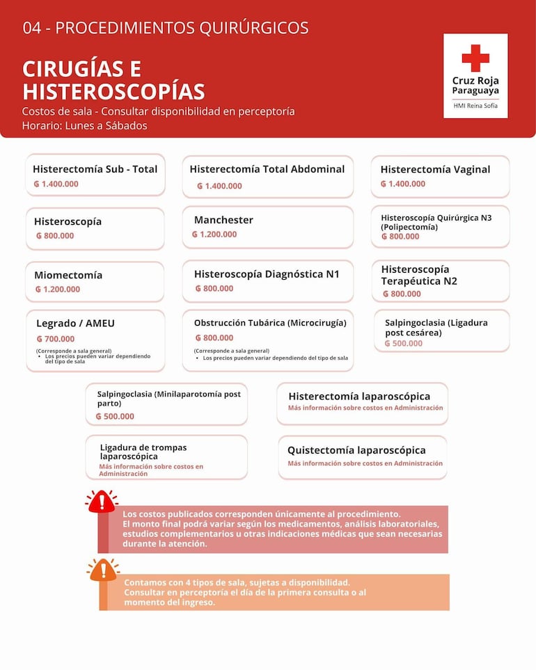 Cartel informativo de la Cruz Roja Paraguaya sobre costos de procedimientos quirúrgicos, con texto y logo visible.