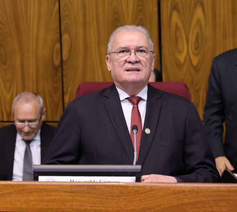 Emiliano Rolón Fernández en traje oscuro y corbata roja sostiene un micrófono hablando en el Senado, con otro hombre escuchando detrás.