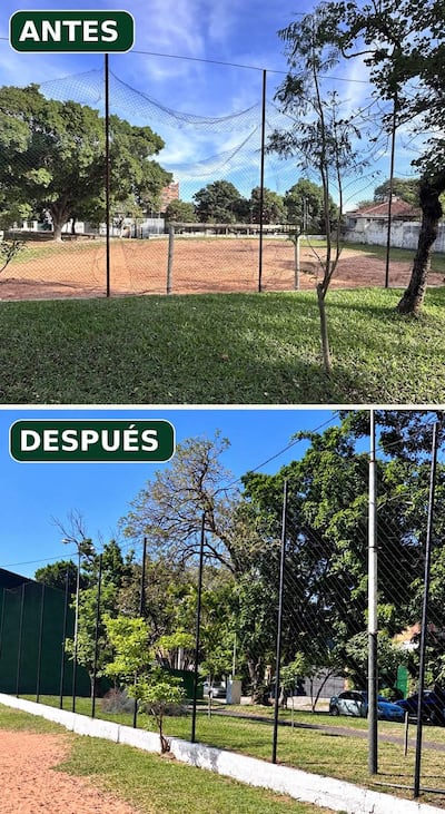 Sección 'Antes' muestra cancha con red y árboles; sección 'Después' presenta mejoras en el entorno recreativo.