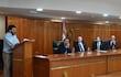 Dante Leguizamón, hijo de Santiago, habla en representación de la familia, durante el acto público de reconocimiento internacional y desagravio por el crimen de su padre.