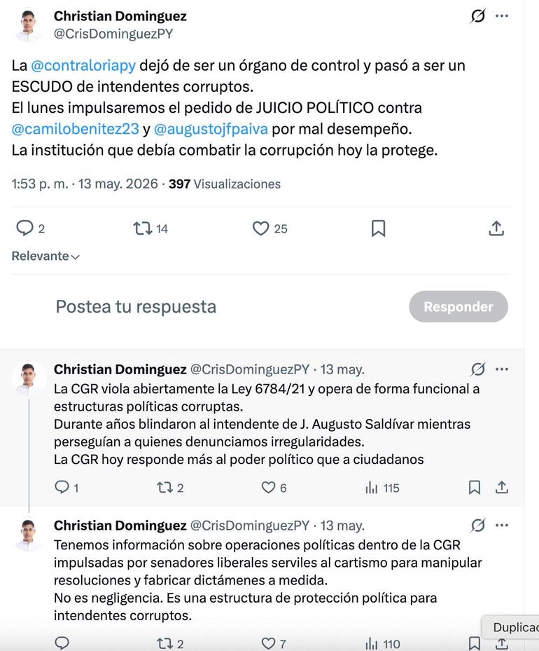 Tweet de Christian Domínguez sobre corrupción en la Contraloría con fondo azul y texto en blanco.