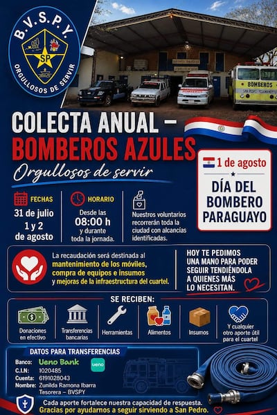 Cartel de colecta con el escudo de Bomberos Voluntarios e información sobre fechas y donaciones.