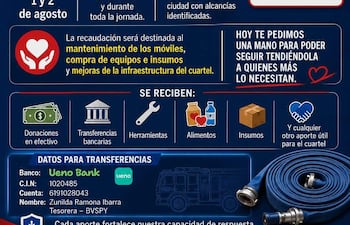 Cartel de colecta con el escudo de Bomberos Voluntarios e información sobre fechas y donaciones.