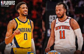 Cara a cara entre las máximas figuras de cada equipo, Tyrese Haliburton de Pacers y Jalen Brunson de los Knicks. Gráfica: @NBALatam