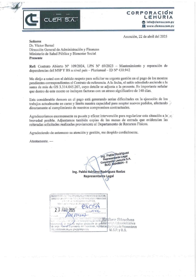 Nota presentada por Corporación Lemuria S.A. al Ministerio de Salud Pública y Bienestar Social en abril de 2025, en la que solicita la regularización de pagos por más de G. 3.314 millones correspondientes a servicios de mantenimiento ya ejecutados, con facturas que registran hasta 140 días de atraso.
