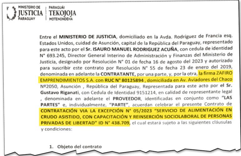 Encabezado del contrato firmado por el Ministerio de Justicia con la empresa adjudicada para el servicio de alimentación.