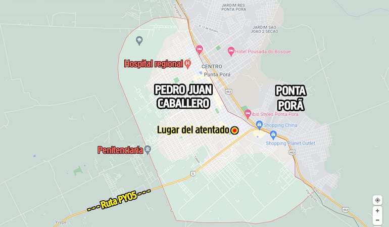 Mapa de Pedro Juan Caballero, con el lugar donde ocurrió el atentado.