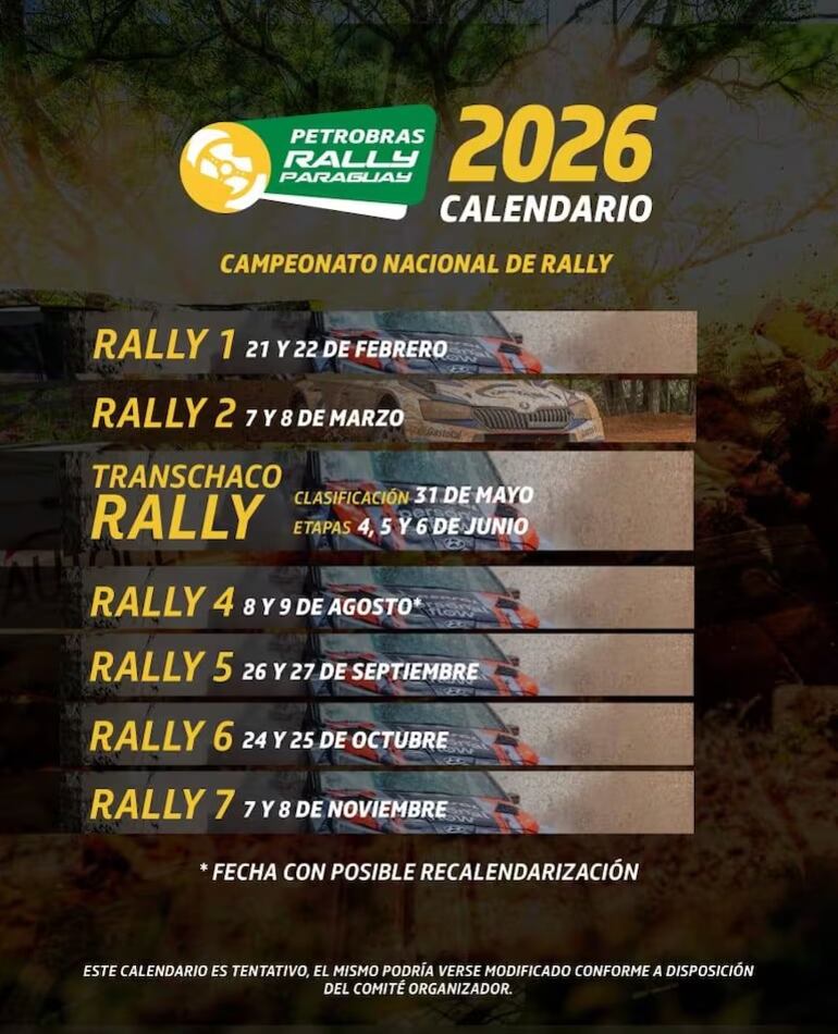 Así fue establecido el calendario 2026 del Campeonato Nacional de Rally, el cual ya sufrirá sus primeros cambios.