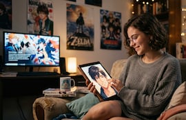 Mujer sentada en un sofá mirando en una tableta la imagen de un personaje de anime. Imagen creada con IA.