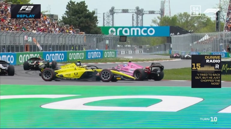 Momento exacto en el que el piloto paraguayo Joshua Duerksen quedó fuera de la carrera sprint, en el circuito Gilles Villeneuve.
