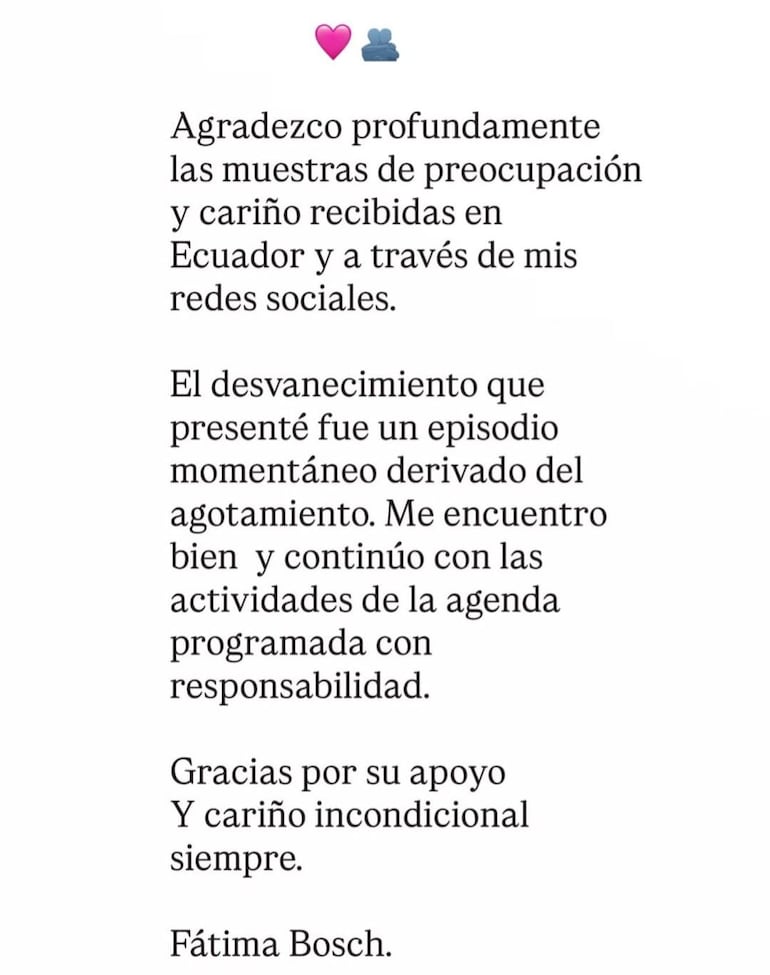 Comunicado de Fátima Bosch. (Captura de la historia de Instagram de Fátima Bosch)
