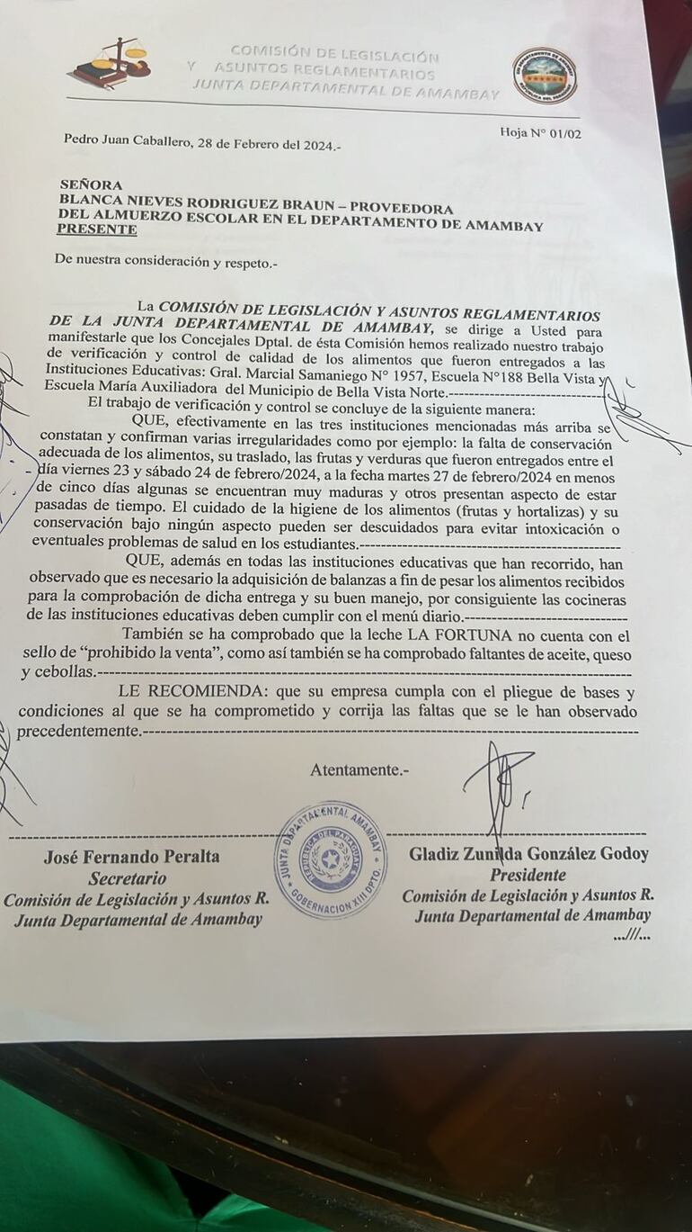 La nota enviada a la empresa Blanca Nieves para que cumpla con lo estipulado en el pliego de bases y condiciones del almuerzo escolar.