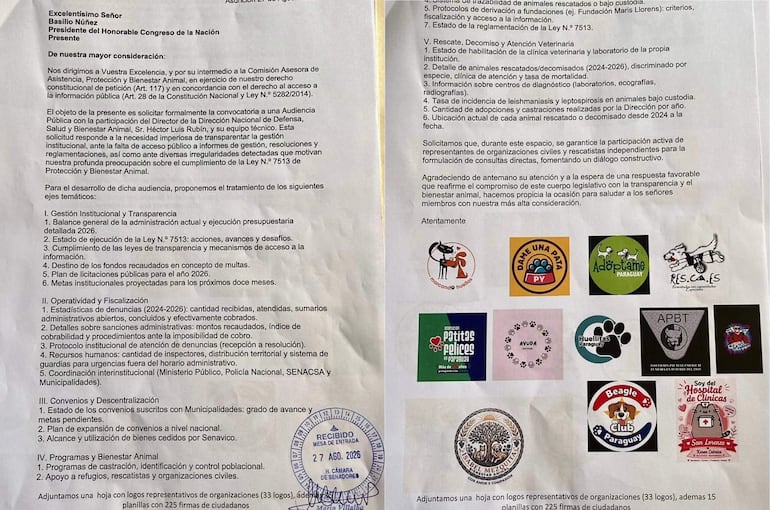 Documento formal sobre bienestar animal con logotipos de organizaciones en oficina, sin personas visibles.