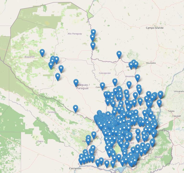 Mapa de Paraguay con marcadores azules en localidades como Alto Paraguay y Concepción, sin personas visibles.