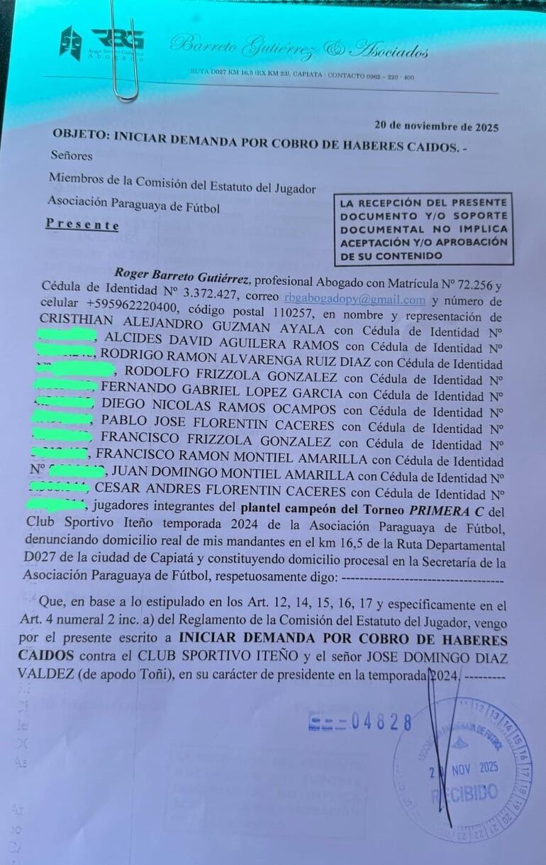 La demanda presentada por los jugadores del Club Sportivo Iteño