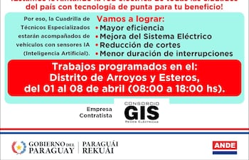 Imagen con que la que ANDE informa sobre los trabajos con IA en las distintas localidades.