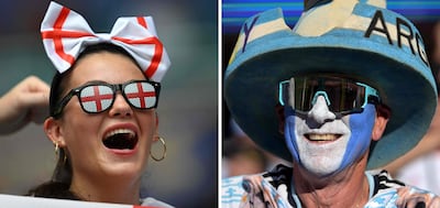 Una fan de Inglaterra y un hincha de Argentina, en este combo de imágenes.