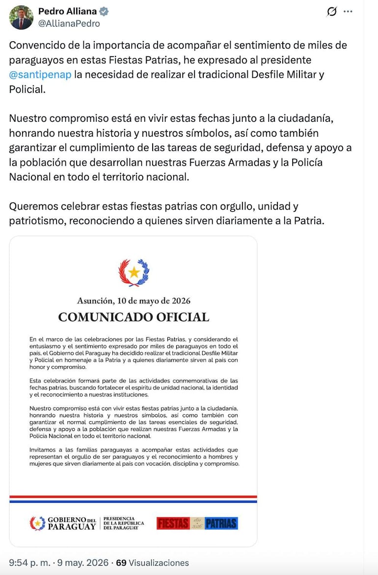 Comunicado oficial en Twitter con texto sobre Fiestas Patrias en Paraguay y la importancia del desfile.