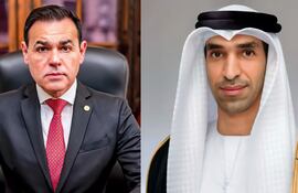 El canciller Rubén Ramírez Lezcano (izq.) mantuvo una reunión virtual con el ministro de Comercio Exterior de los Emiratos Árabes Unidos, Thani Al Zeyoud (der.).