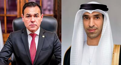 El canciller Rubén Ramírez Lezcano (izq.) mantuvo una reunión virtual con el ministro de Comercio Exterior de los Emiratos Árabes Unidos, Thani Al Zeyoud (der.).