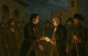 Los próceres paraguayos intimando a las autoridades españolas, encabezadas por el gobernador Bernardo de Velazco, a deponer las armas y declarar la independencia del Paraguay.