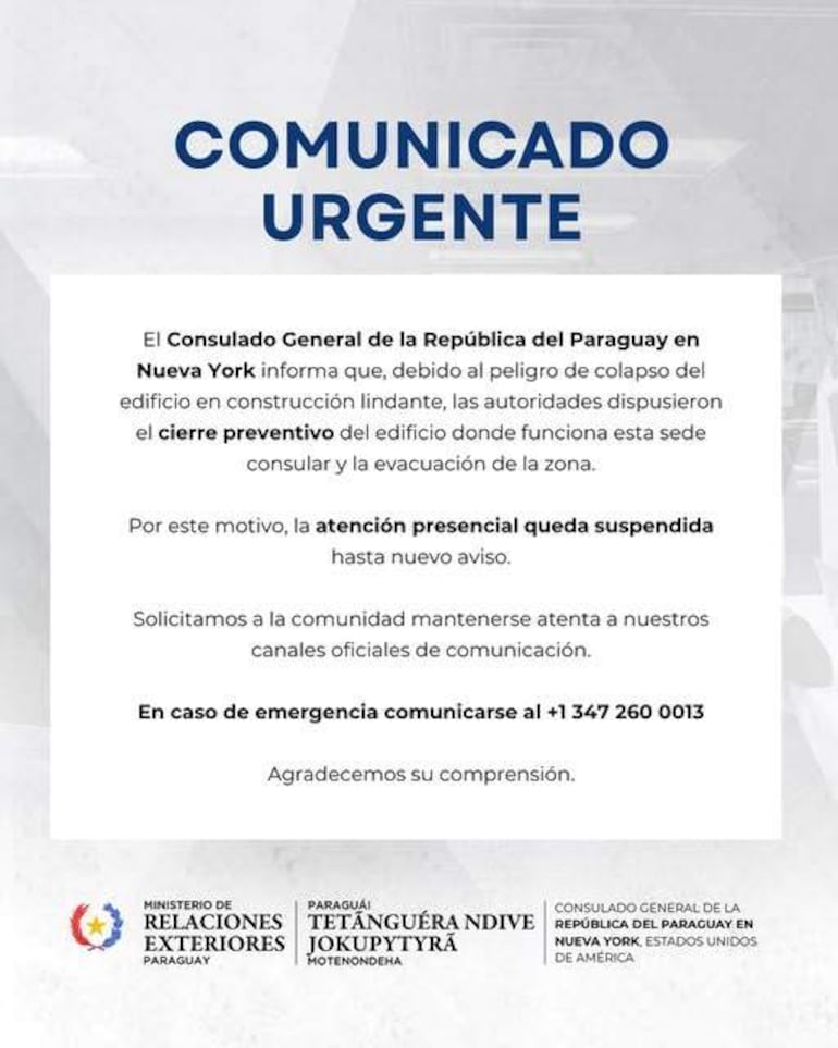 Comunicado urgente del Consulado del Paraguay en Nueva York, resaltando el cierre temporal y número de contacto para emergencias.