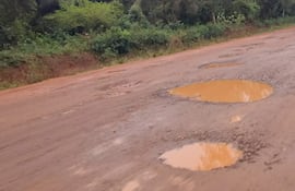 Carretera de tierra en mal estado con charcos de agua, rodeada de vegetación densa, sin personas visibles.