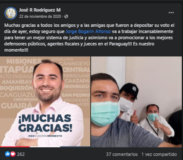 Publicación del actual diputado José Rodríguez (ANR, HC) a favor de Jorge Bogarín Alfonso.