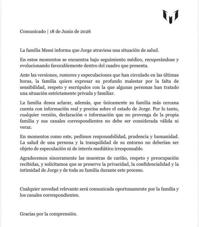 Comunicado de la familia de Lionel Messi sobre la salud de su padre, Jorge.
