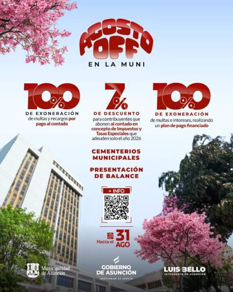 Póster promocional de la Municipalidad de Asunción con diseño colorido y texto sobre descuentos de multas y recargos.
