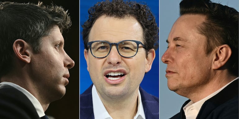 Esta combinación de imágenes creada el 12 de septiembre de 2026 muestra de derecha a izquierda al CEO de OpenAI, Sam Altman, al CEO de Anthropic, Dario Amodei y a Elon Musk de xAI