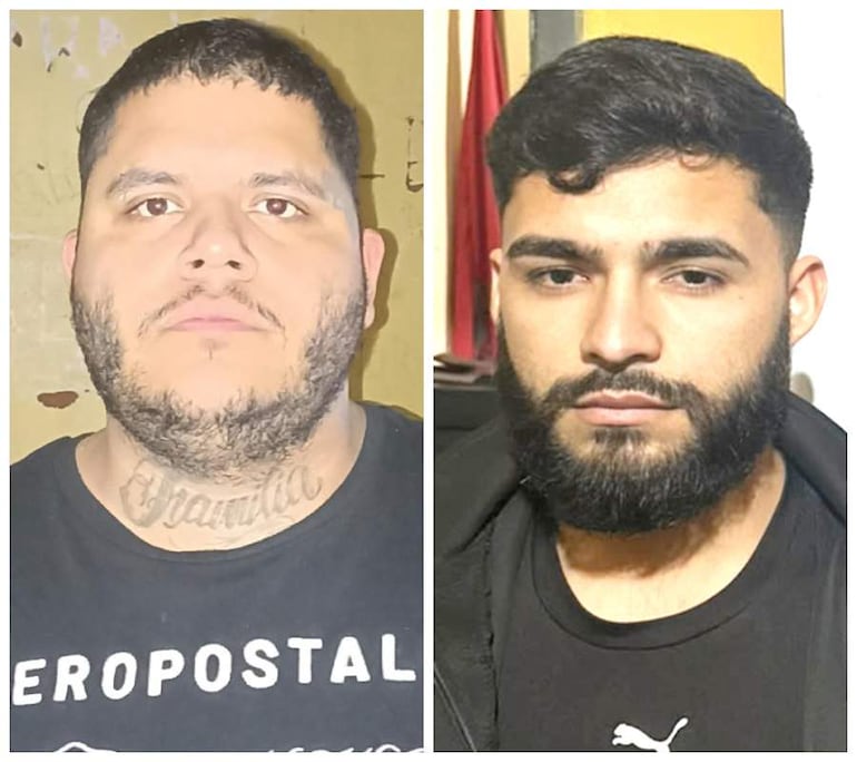 Dos hombres de barba, uno con camiseta de AEROPOSTAL y otro con logo de Puma, posan con miradas serias en un entorno interior.