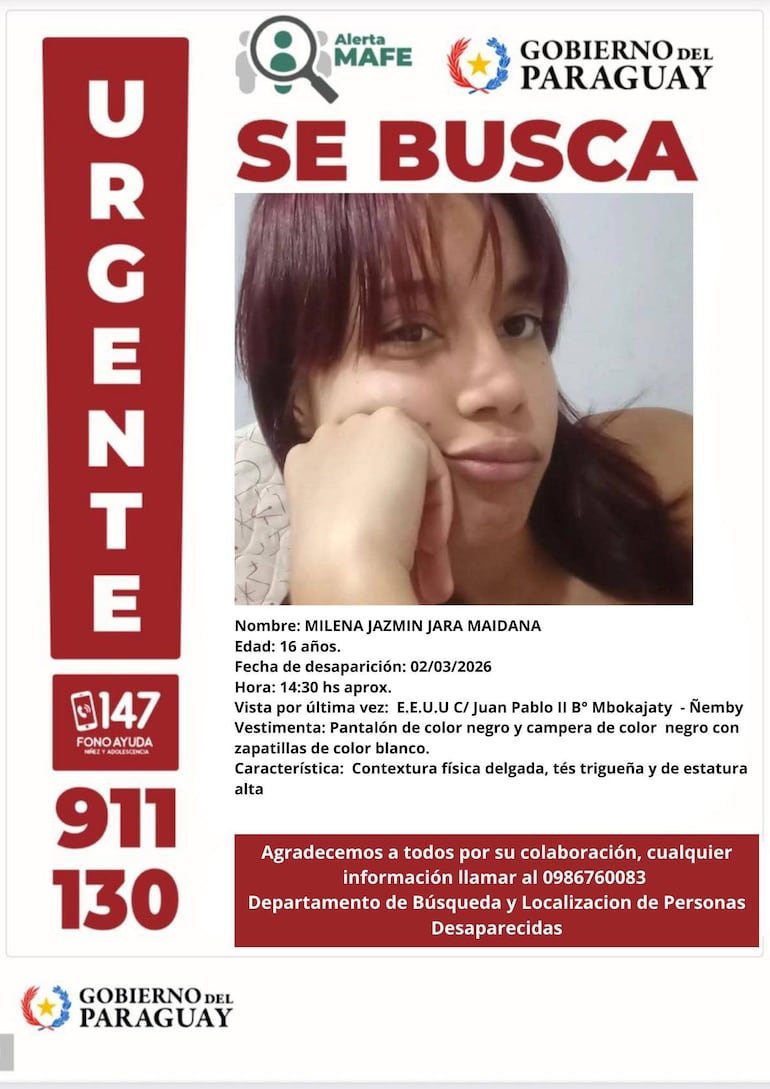 Foto de Milena Jara, adolescente desaparecida