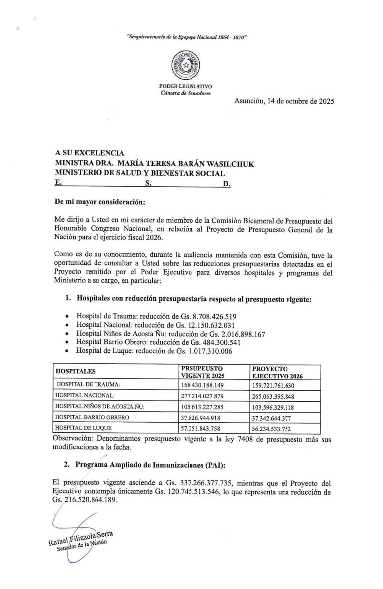 Nota enviada por el senador Rafael Filizzola a la ministra de Salud, María Teresa Barán el pasado 15 de octubre.