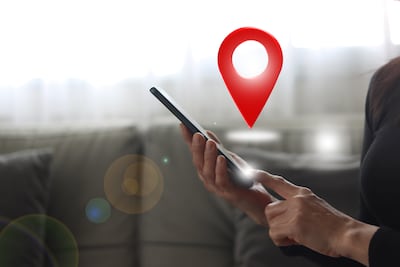 Concepto de ubicación, smartphone, app.
