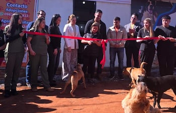 Carlos Ruiz y un grupo de personas sosteniendo un listón rojo durante la inauguración de la clínica veterinaria, con varios perros alrededor.