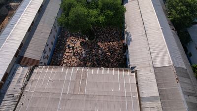 Vista aérea de la cárcel de Tacumbú, durante el operativo Veneratio. En el piso se debe a los reos, ya en ropa interior y reducidos.