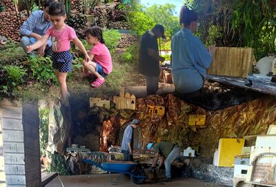 Las familias Sánchez de Itauguá y Sabaté de Luque, trabajan en el montaje de sus pesebres.