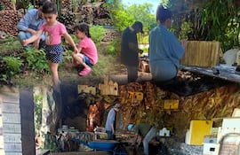 Las familias Sánchez de Itauguá y Sabaté de Luque, trabajan en el montaje de sus pesebres.