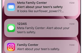 Fotografía cedida por Meta que muestra notificaciones en la pantalla de un celular. Instagram anunció que "la semana que viene" empezará a notificar a los padres si su hijo "intenta buscar repetidamente términos relacionados con el suicidio o la autolesión" en su red social, según anunció este jueves su compañía matriz, Meta.