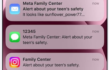 Fotografía cedida por Meta que muestra notificaciones en la pantalla de un celular. Instagram anunció que "la semana que viene" empezará a notificar a los padres si su hijo "intenta buscar repetidamente términos relacionados con el suicidio o la autolesión" en su red social, según anunció este jueves su compañía matriz, Meta.
