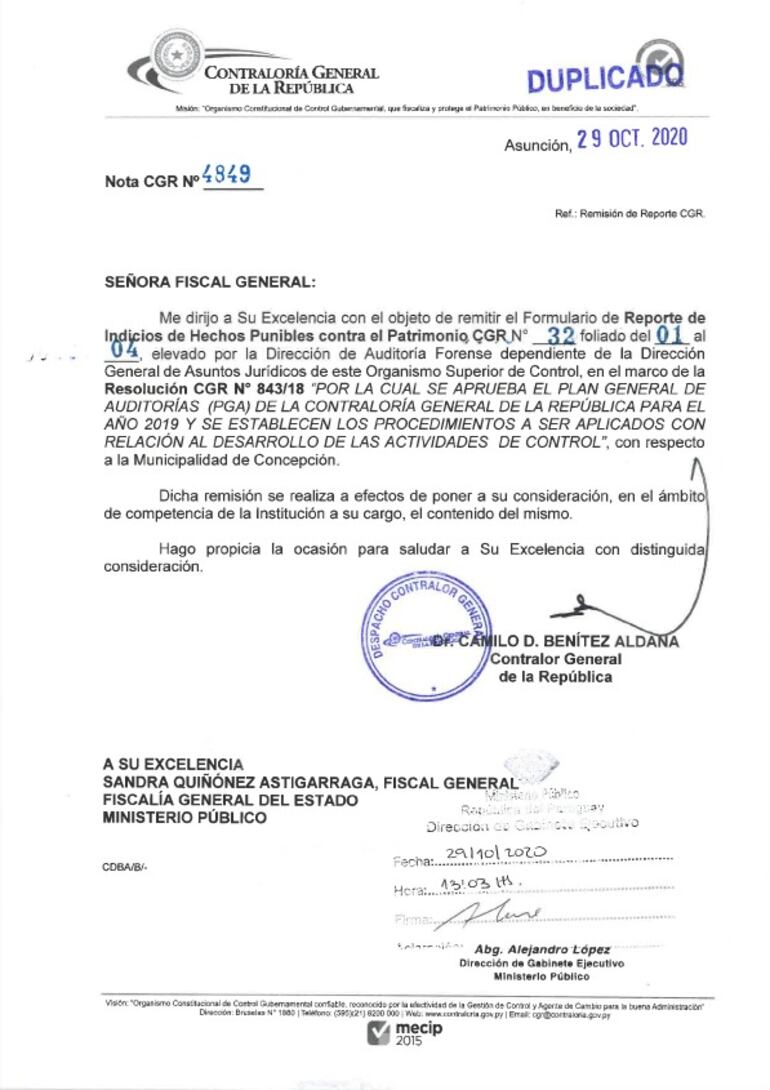 Documento presentado por el Contralor General de la República.