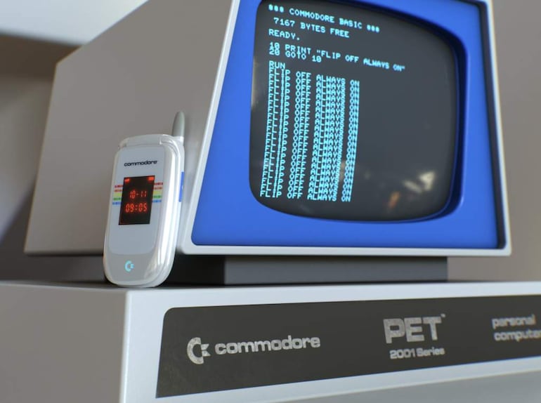 Computadora Commodore PET 2001 con monitor que muestra texto en BASIC, sin personas visibles en el entorno tecnológico.