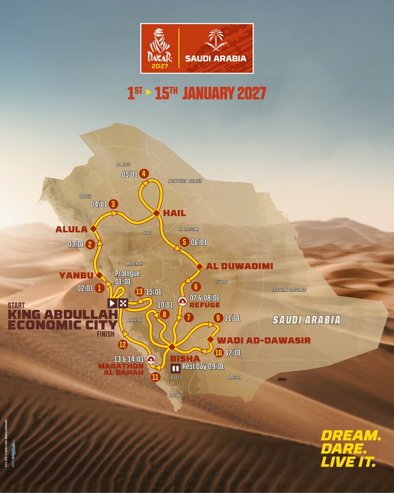 Mapa oficial del Dakar 2027.